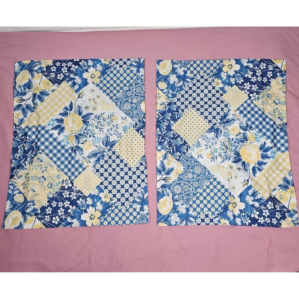 VTG Gold Coast Blue Yellow Floral Gingham Polyester Pillow Cover Set 2 Farmhouse